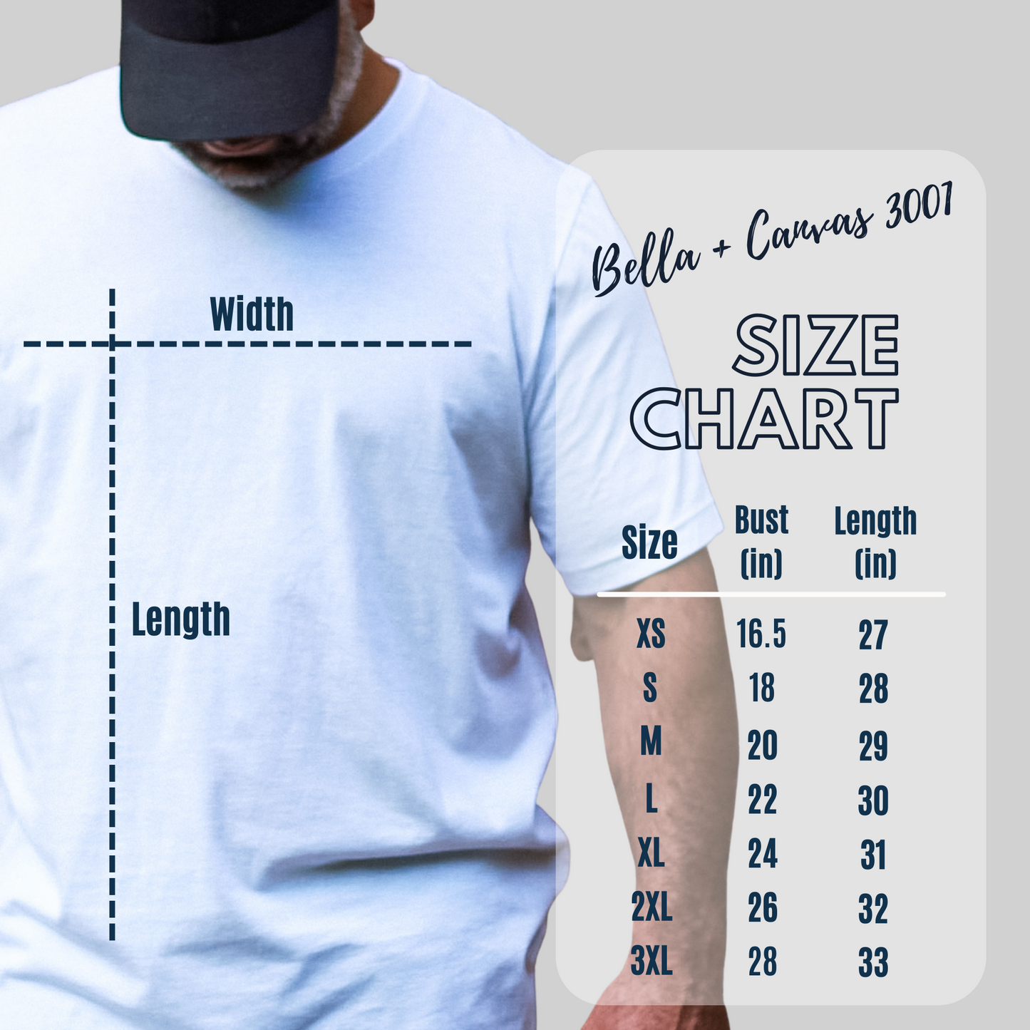 Person wearing a light blue t-shirt with a size chart on a gray background
